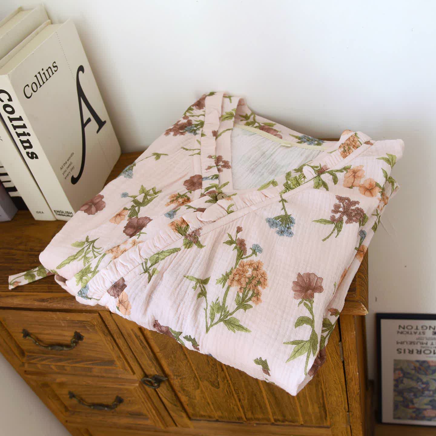 Floral Cotton Gauze Ruffled Neck  Robe