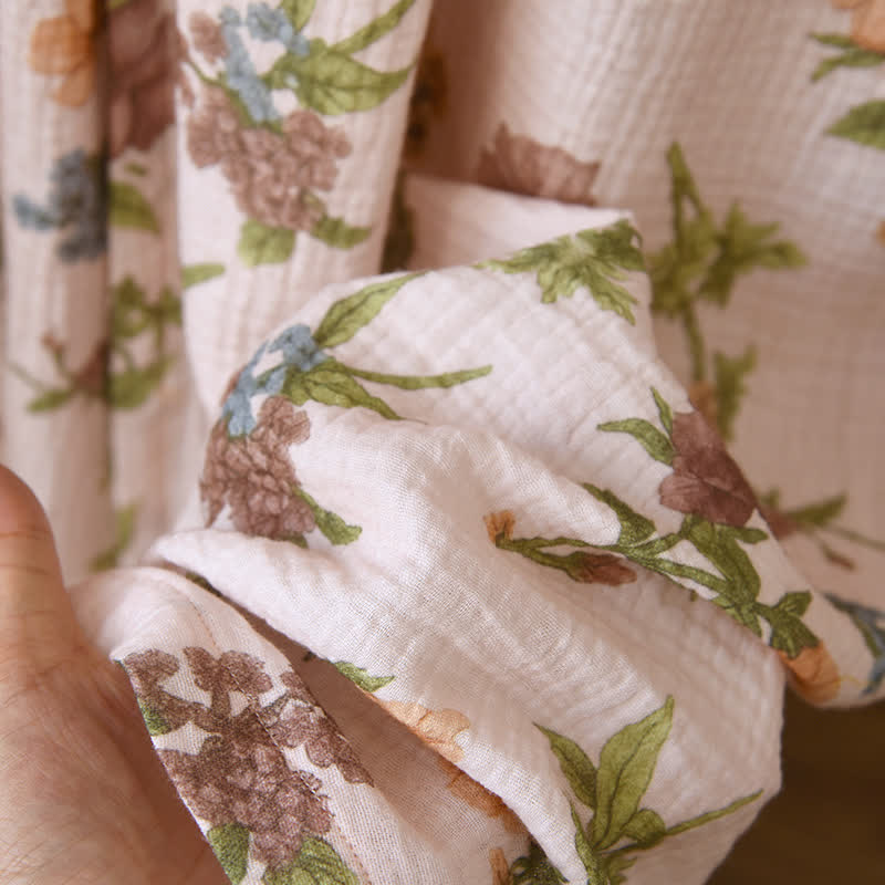 Floral Cotton Gauze Ruffled Neck  Robe