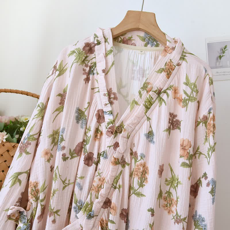 Floral Cotton Gauze Ruffled Neck  Robe