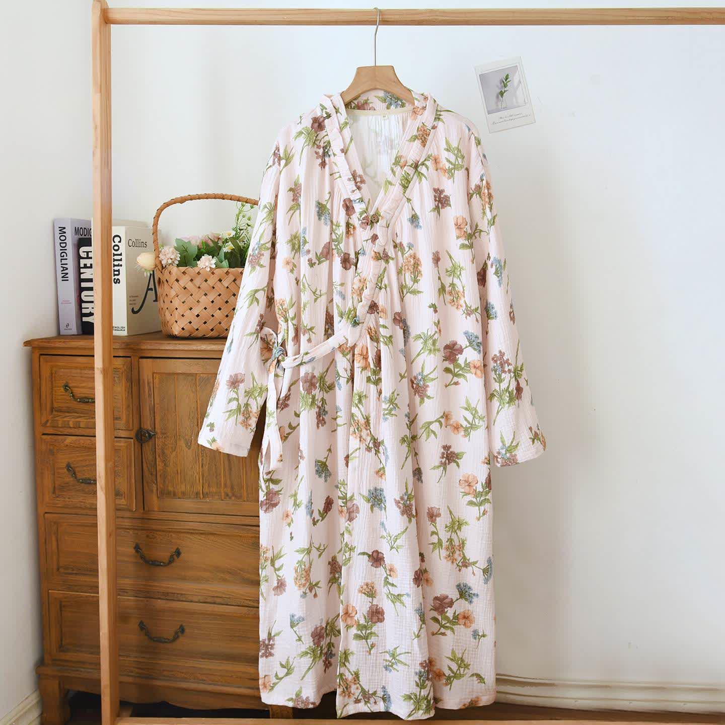 Floral Cotton Gauze Ruffled Neck  Robe