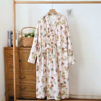 Floral Cotton Gauze Ruffled Neck  Robe