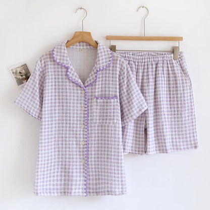 Plaid Cotton Gauze Pajamas with Embroidered Trim