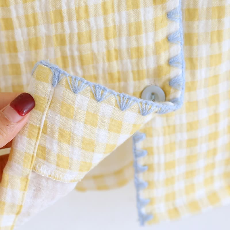 Plaid Cotton Gauze Pajamas with Embroidered Trim