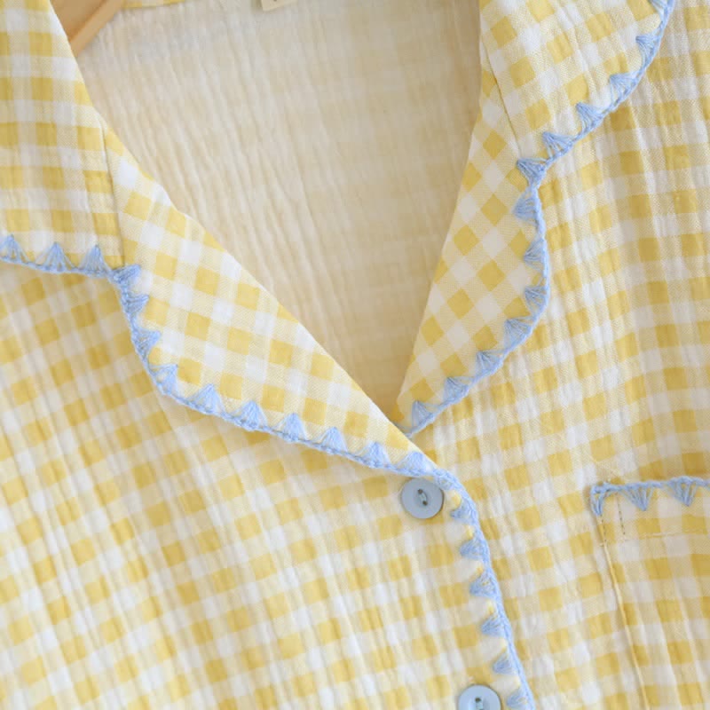 Plaid Cotton Gauze Pajamas with Embroidered Trim