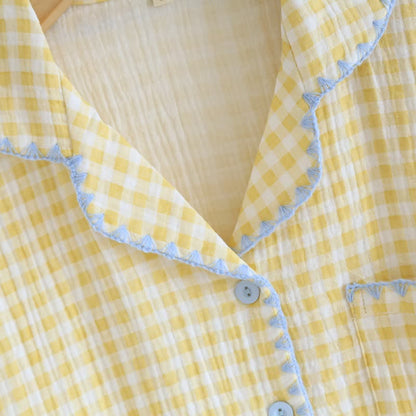 Plaid Cotton Gauze Pajamas with Embroidered Trim