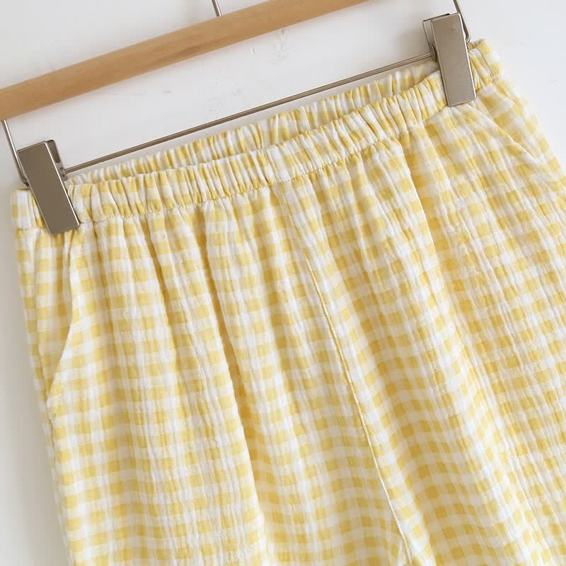 Plaid Cotton Gauze Pajamas with Embroidered Trim