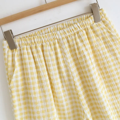 Plaid Cotton Gauze Pajamas with Embroidered Trim