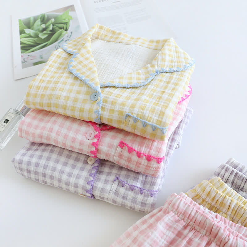 Plaid Cotton Gauze Pajamas with Embroidered Trim
