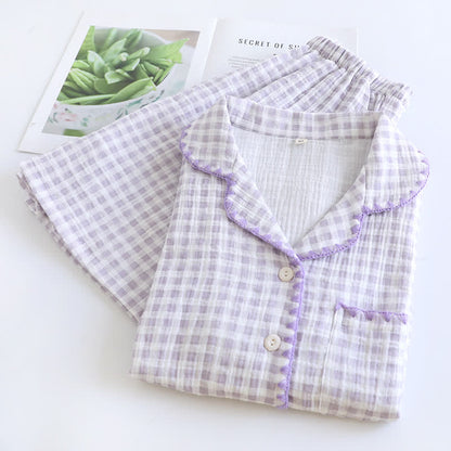 Plaid Cotton Gauze Pajamas with Embroidered Trim
