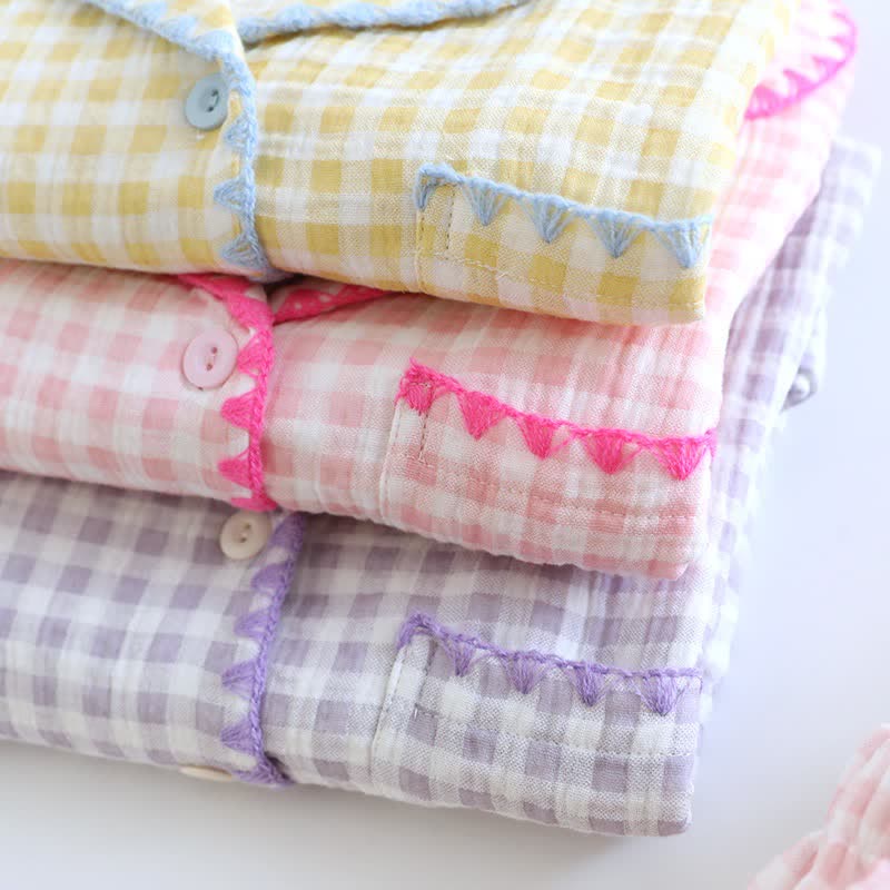 Plaid Cotton Gauze Pajamas with Embroidered Trim