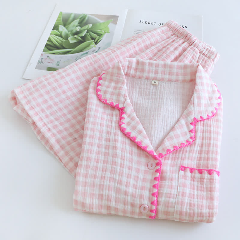 Plaid Cotton Gauze Pajamas with Embroidered Trim