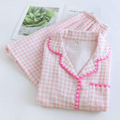 Plaid Cotton Gauze Pajamas with Embroidered Trim