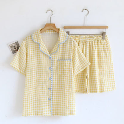 Plaid Cotton Gauze Pajamas with Embroidered Trim