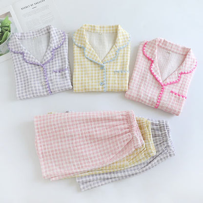 Plaid Cotton Gauze Pajamas with Embroidered Trim