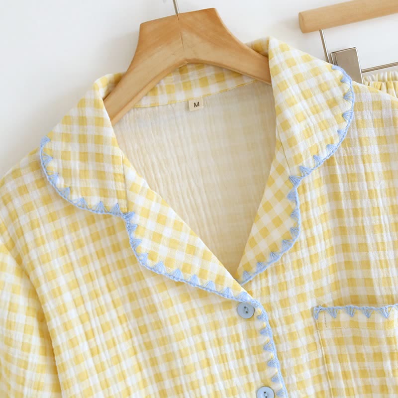 Plaid Cotton Gauze Pajamas with Embroidered Trim