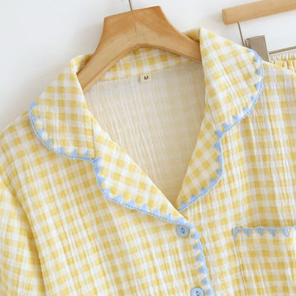Plaid Cotton Gauze Pajamas with Embroidered Trim