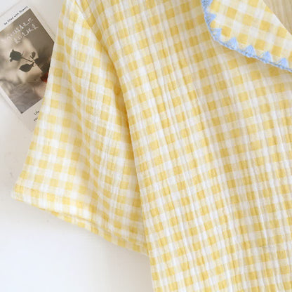 Plaid Cotton Gauze Pajamas with Embroidered Trim
