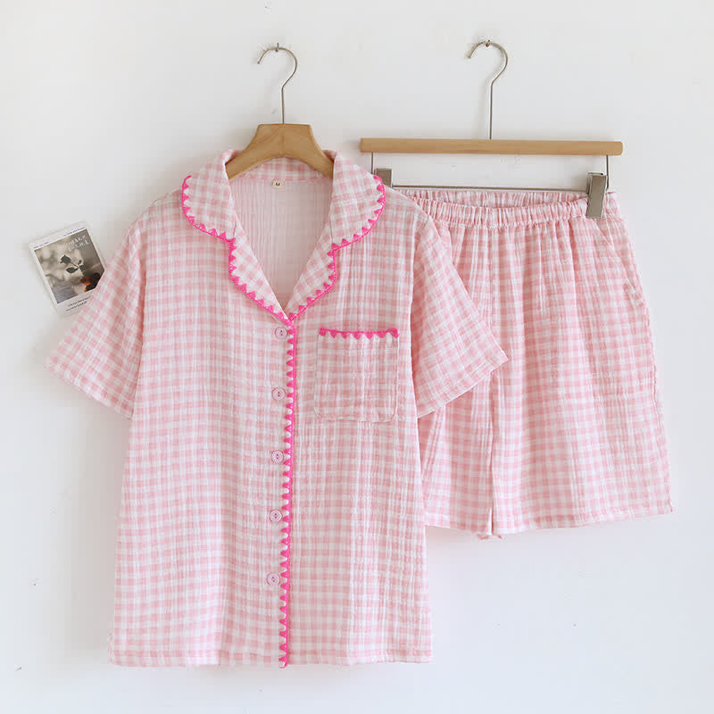 Plaid Cotton Gauze Pajamas with Embroidered Trim