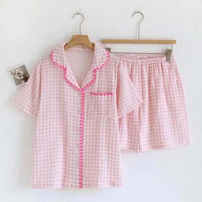 Plaid Cotton Gauze Pajamas with Embroidered Trim
