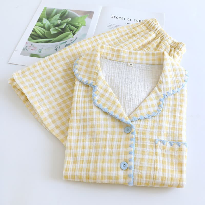 Plaid Cotton Gauze Pajamas with Embroidered Trim