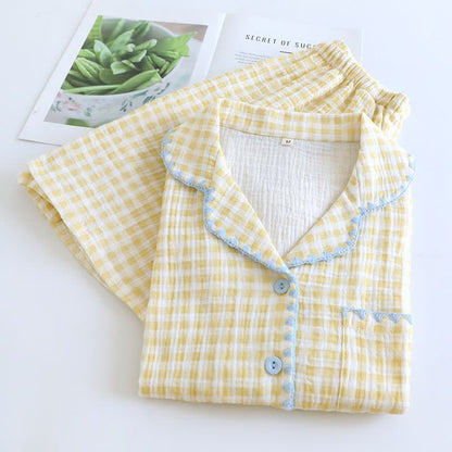Plaid Cotton Gauze Pajamas with Embroidered Trim