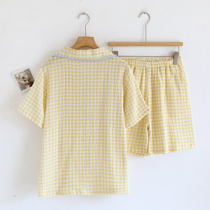 Plaid Cotton Gauze Pajamas with Embroidered Trim