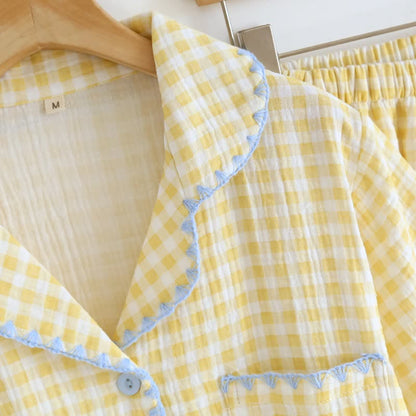 Plaid Cotton Gauze Pajamas with Embroidered Trim