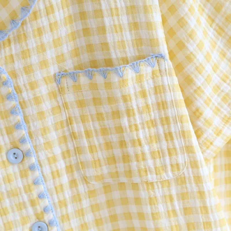 Plaid Cotton Gauze Pajamas with Embroidered Trim