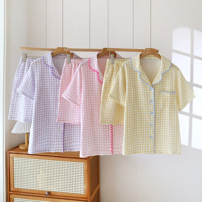 Plaid Cotton Gauze Pajamas with Embroidered Trim