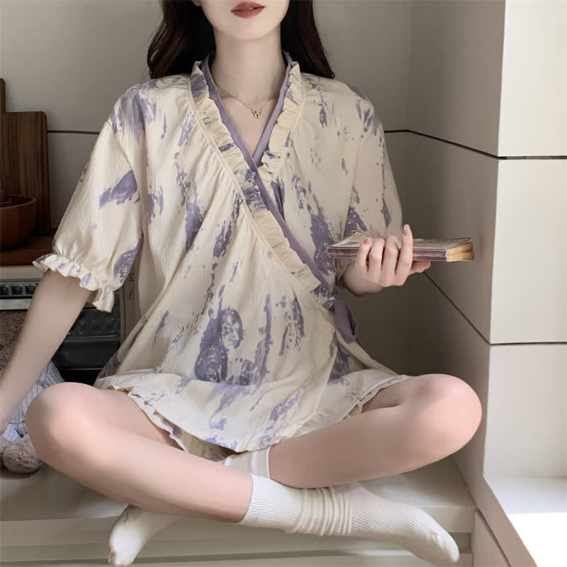 Artistic Pattern Ruffle Sleeve Pajamas