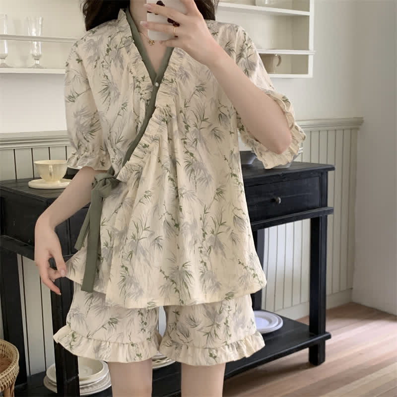 Elegant Bamboo Leaf Ruffle Sleeve Pajamas