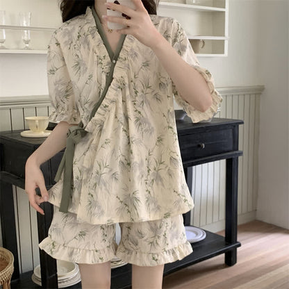 Elegant Bamboo Leaf Ruffle Sleeve Pajamas