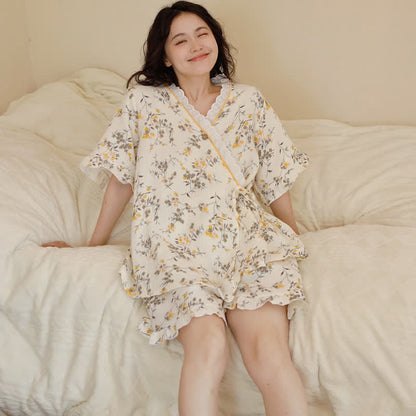 Yellow Floral Cotton Gauze Pajama Set