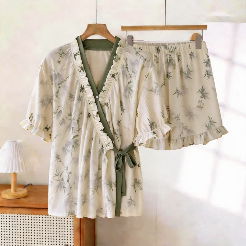 Elegant Bamboo Leaf Ruffle Sleeve Pajamas