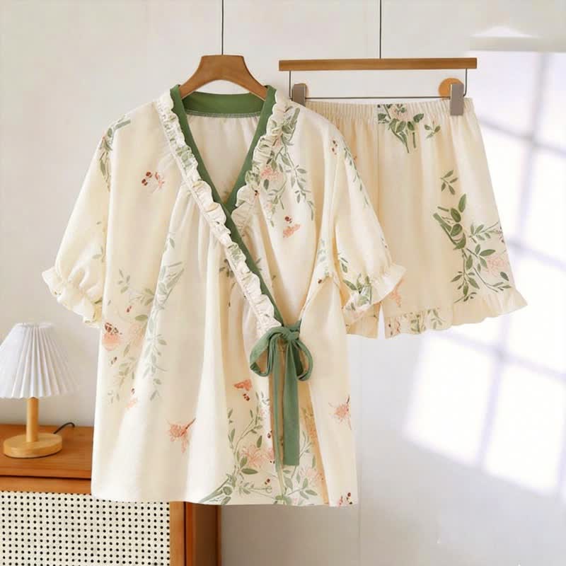 Rustic Butterfly & Leaf Ruffle Sleeve Pajamas