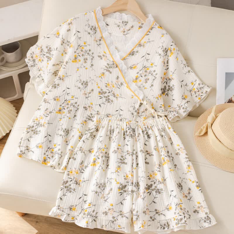 Yellow Floral Cotton Gauze Pajama Set