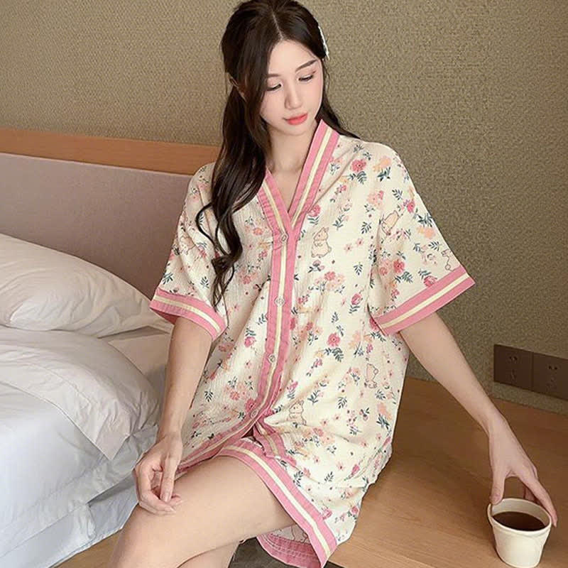 Floral Bunny Short Sleeve Pajama Set