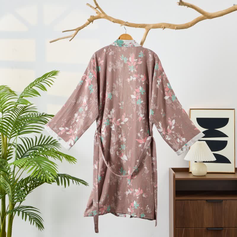 Vintage Floral Cotton Gauze Kimono Robe