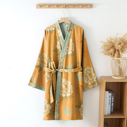 Yellow Peony Cotton Gauze Kimono Robe