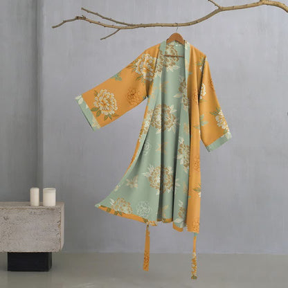 Yellow Peony Cotton Gauze Kimono Robe