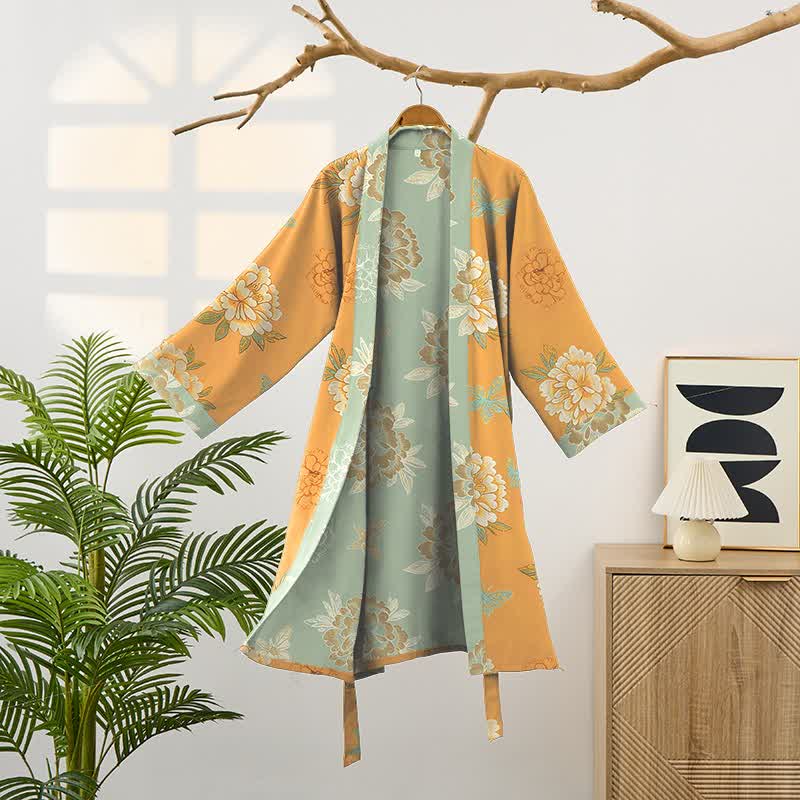 Yellow Peony Cotton Gauze Kimono Robe
