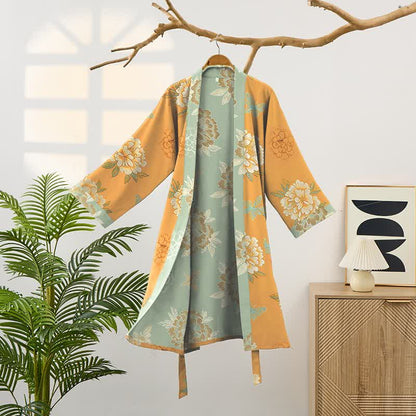 Yellow Peony Cotton Gauze Kimono Robe