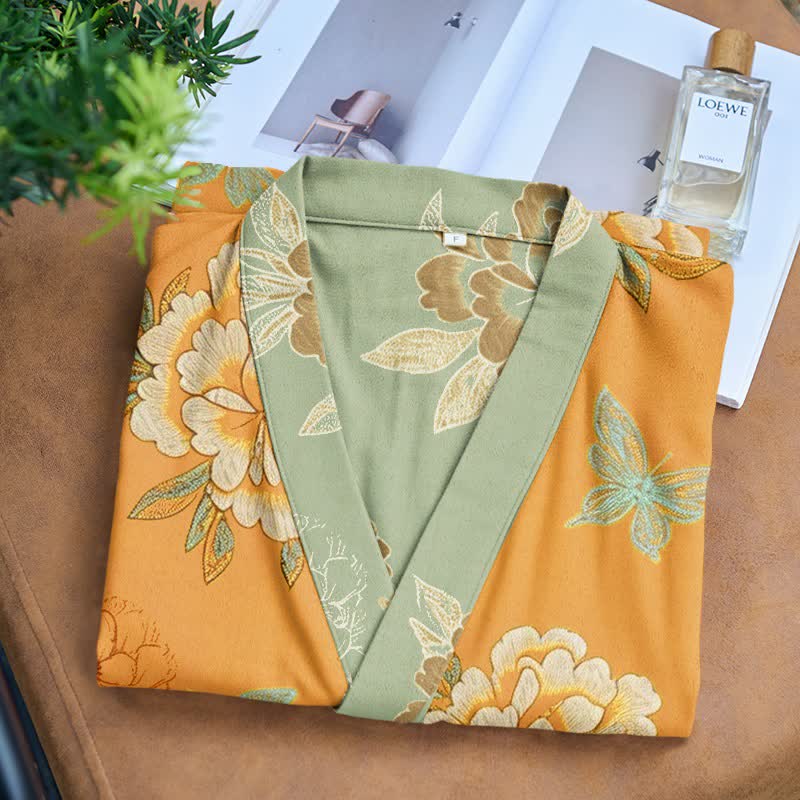 Yellow Peony Cotton Gauze Kimono Robe