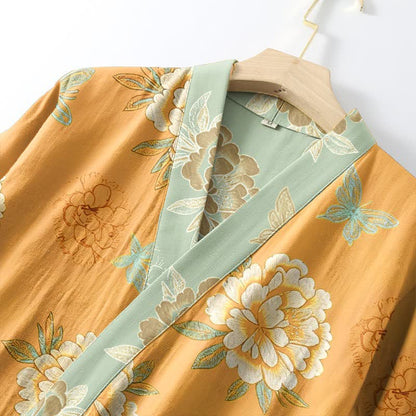 Yellow Peony Cotton Gauze Kimono Robe