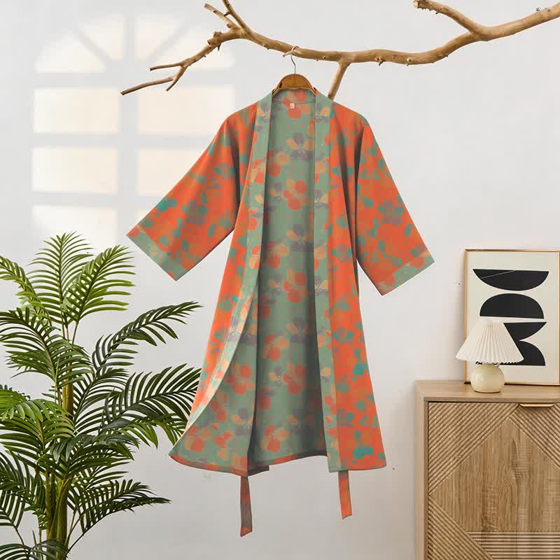 Artistic Floral Cotton Gauze Kimono Robe