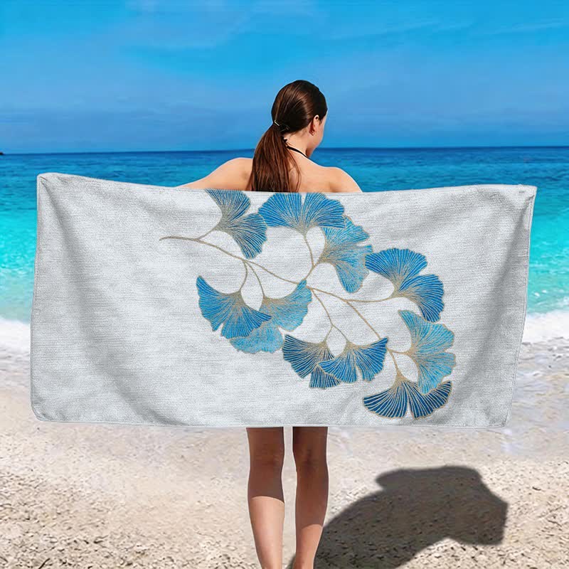 Elegant Blue Ginkgo Leaf Beach Towel