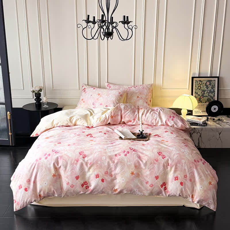 Elegant Pink Floral Cotton Bedding Set