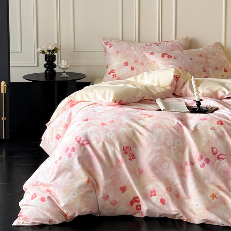 Elegant Pink Floral Cotton Bedding Set