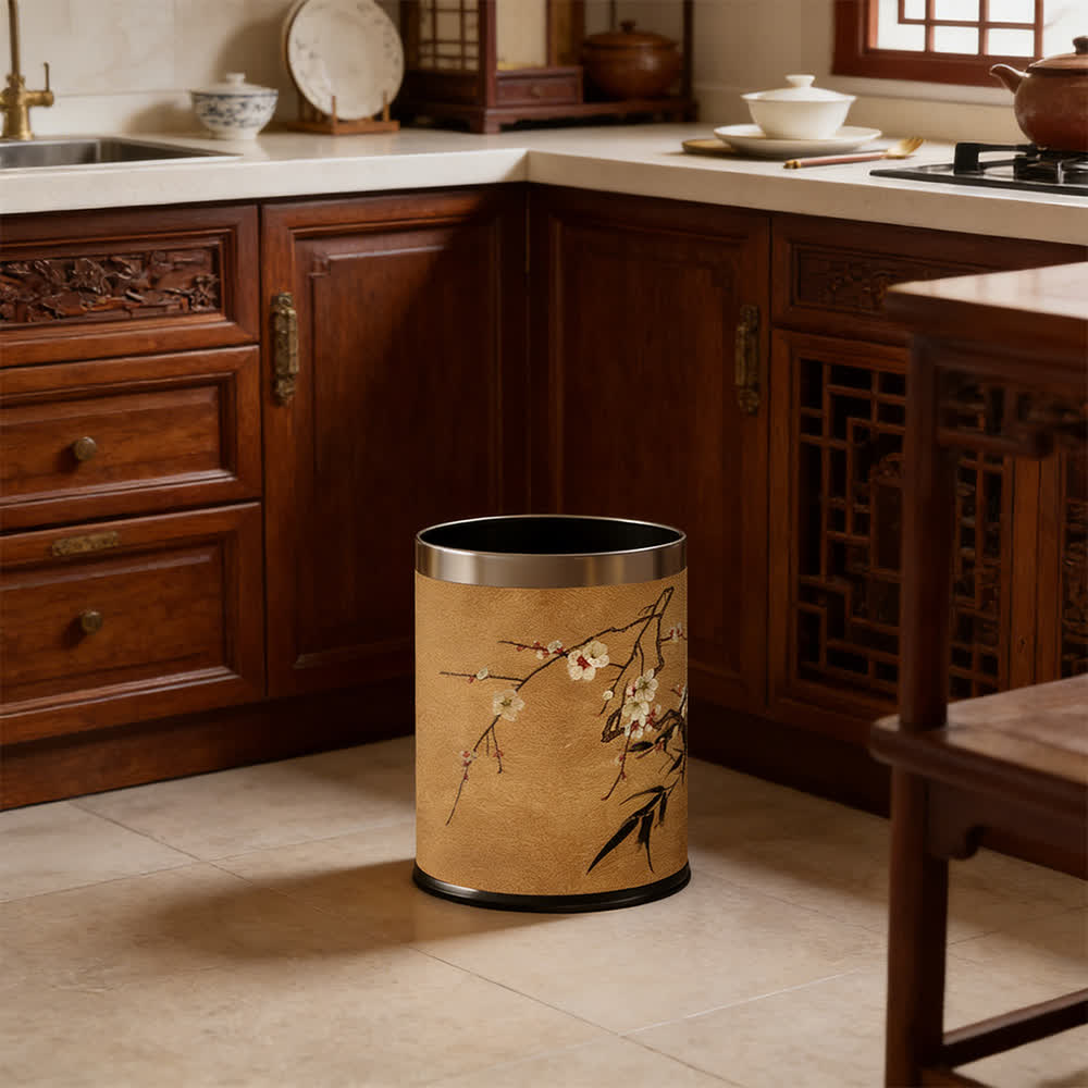 Oriental Plum Blossom Leather Trash Can