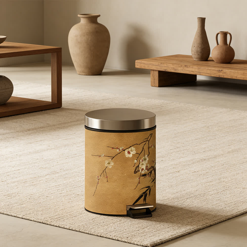 Oriental Plum Blossom Leather Trash Can